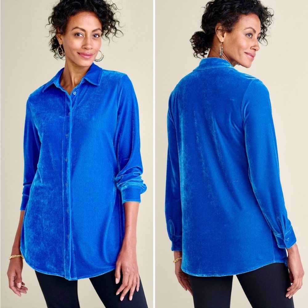 Soft Surroundings Velvet Boyfriend Tunic Top Cobalt Button Up Stretch sz small